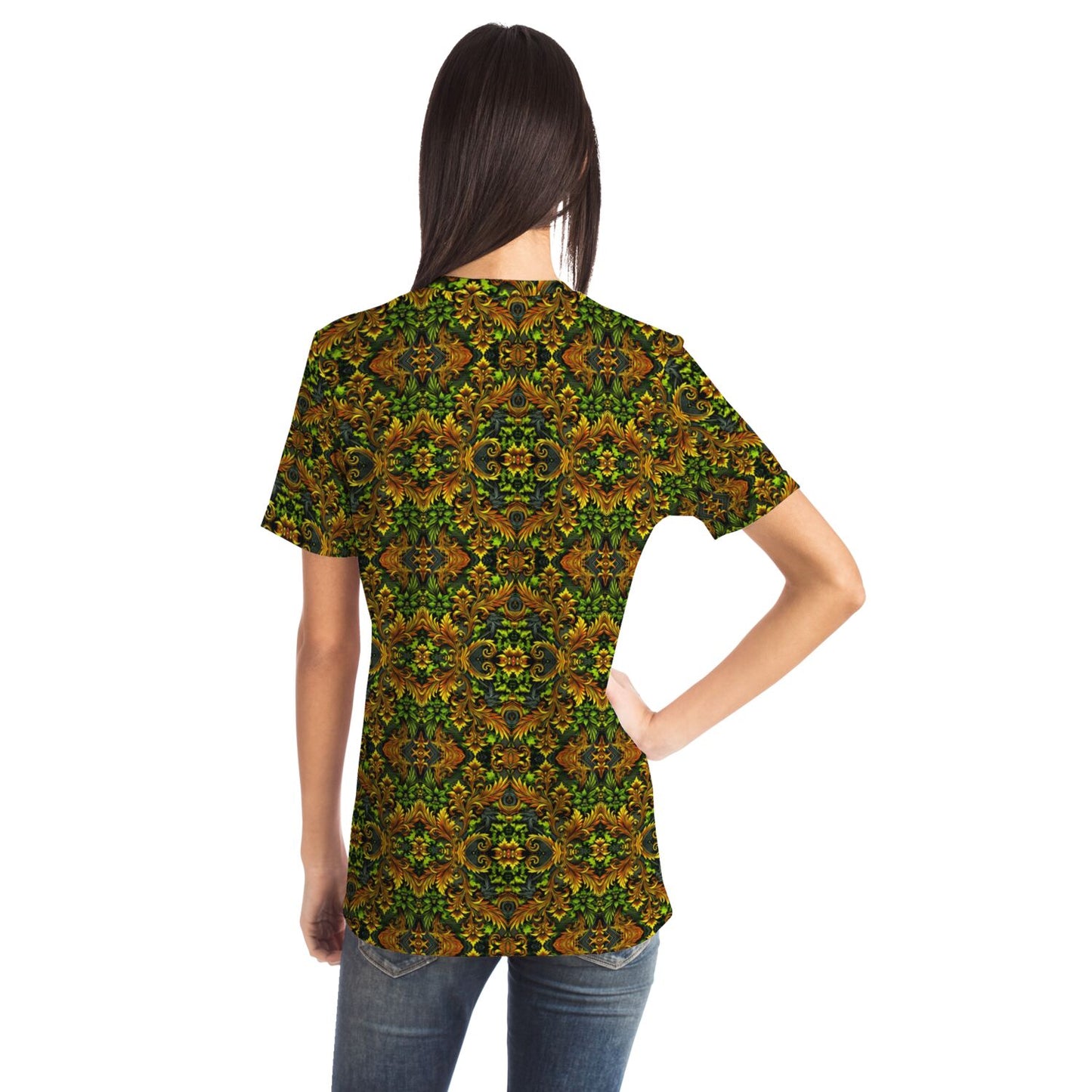 Emerald Green & Gold Pocket T-Shirt – All-Over Print, Stylish Casual Wear with Chest Pocket