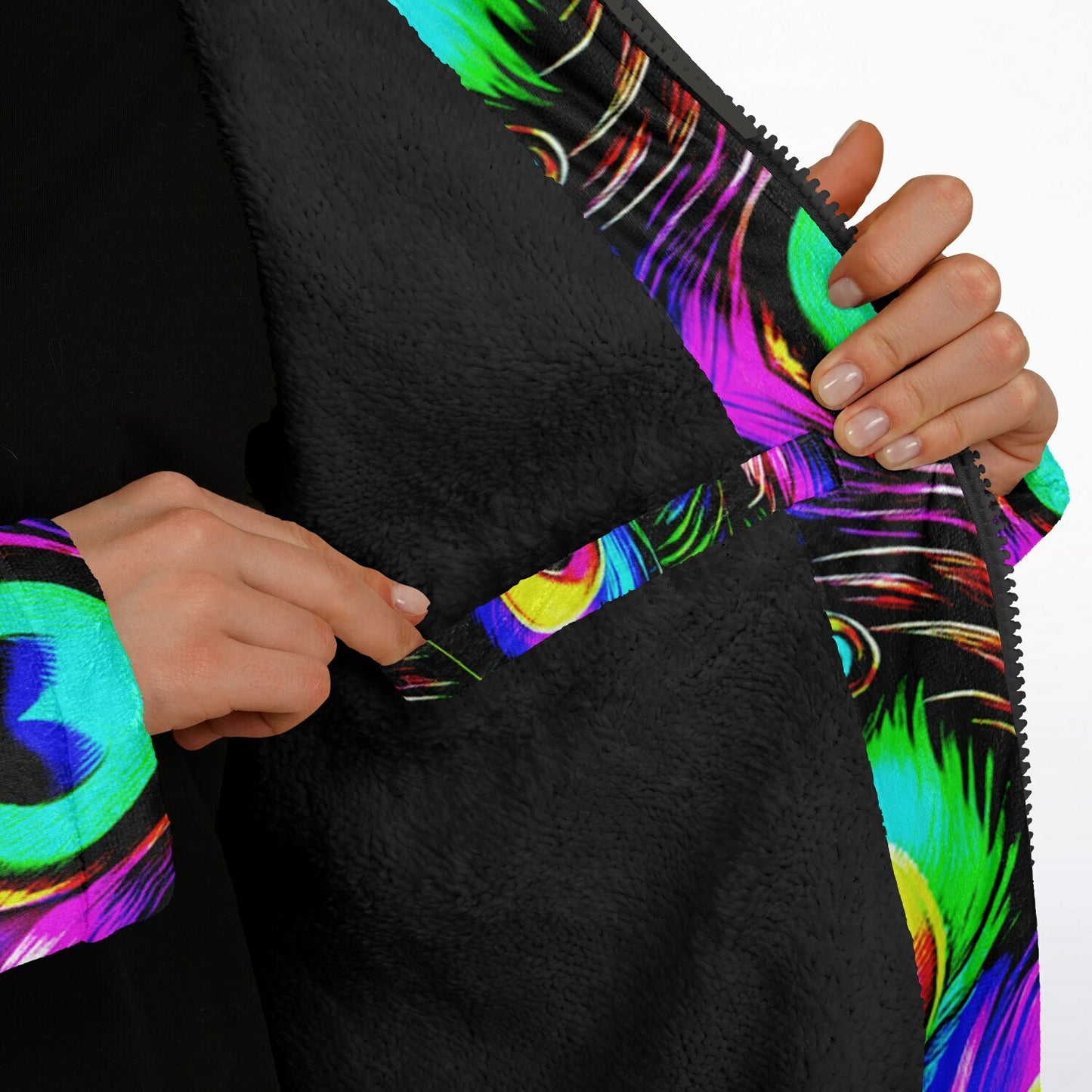 Psychedelic Peacock Print Zipper Cloak - Bold, Vibrant All-Over Design | Luxurious Comfort & Striking Style