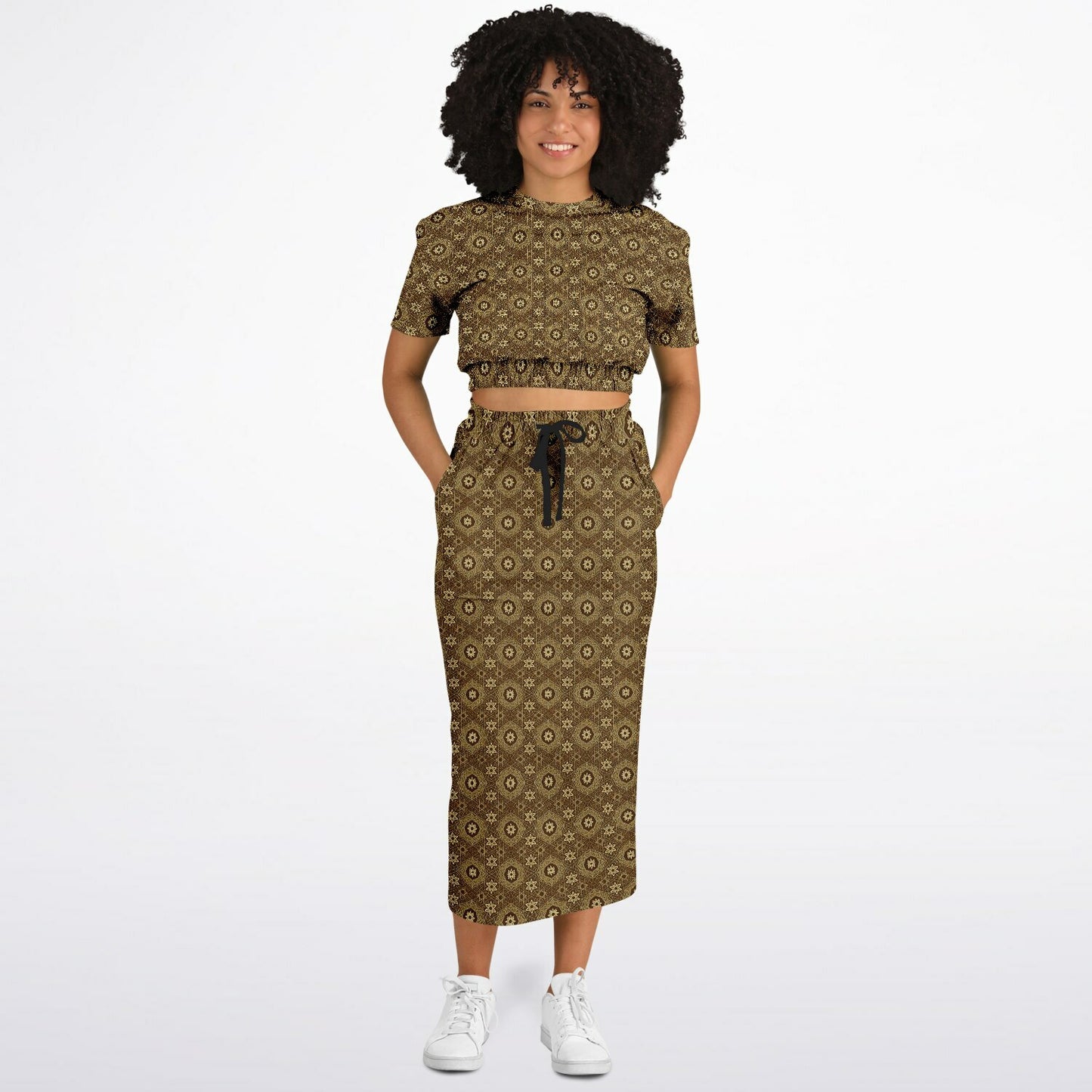 Geometric Gold Pattern Cropped Sweatshirt & Long Pocket Skirt Set – Bold Two-Piece Co-ord for Streetwear, Loungewear & Casual Outfits (AOP)