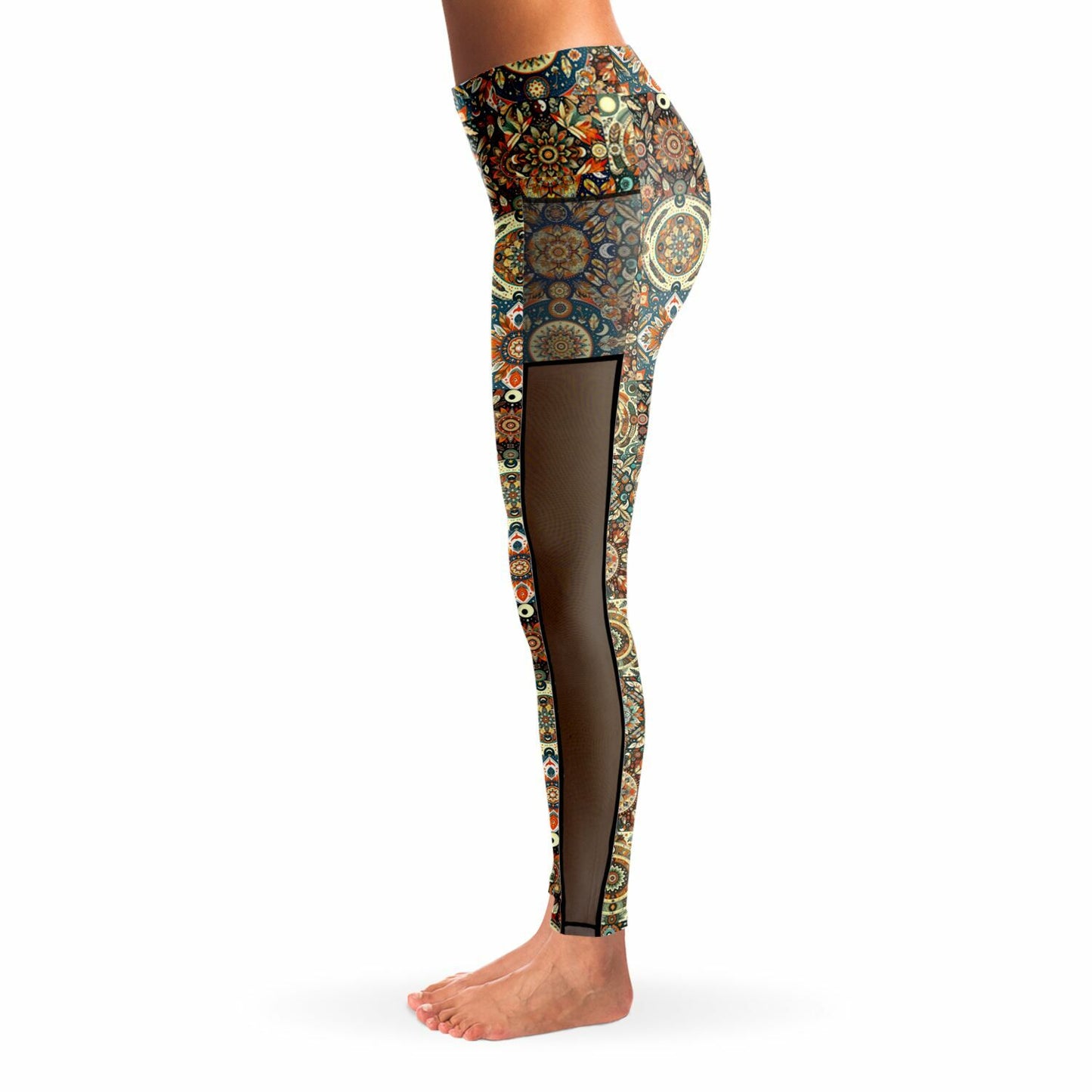 Boho Patchwork Mesh Pocket Leggings – Trendy All-Over Print (AOP) for Fashion-Forward Activewear