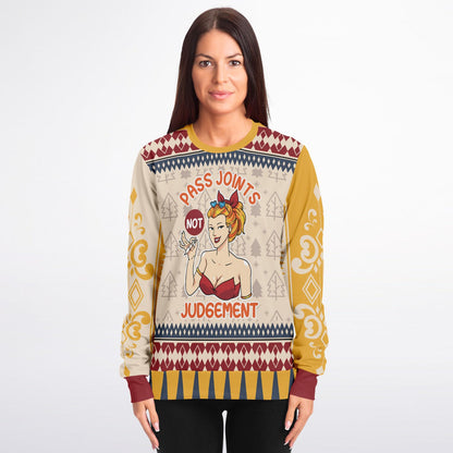 Funny Cannabis Sweatshirt – “Pass Joints, Not Judgement” Stoner Holiday Jumper, Spiritual Humour Gift