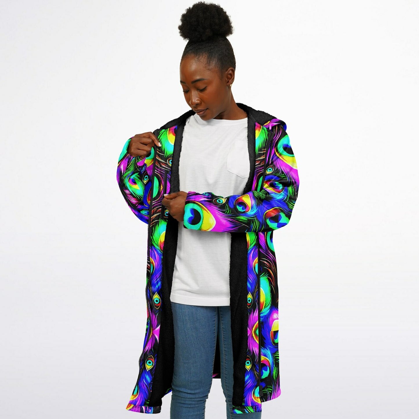 Psychedelic Peacock Print Zipper Cloak - Bold, Vibrant All-Over Design | Luxurious Comfort & Striking Style