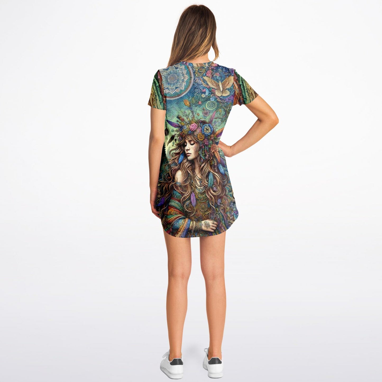 Spiritual Goddess Trinity Collection T-Shirt Dress – Unique Faces, Premium All-Over Print (AOP) for Boho Style and Comfort