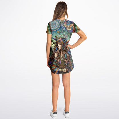 Spiritual Goddess Trinity Collection T-Shirt Dress – Unique Faces, Premium All-Over Print (AOP) for Boho Style and Comfort