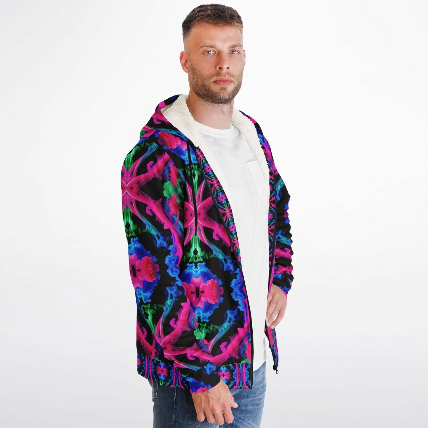 Neon Spectrum Cymatic Microfleece Zip Hoodie – Vibrant, Cozy & Bold All-Over Print Jacket