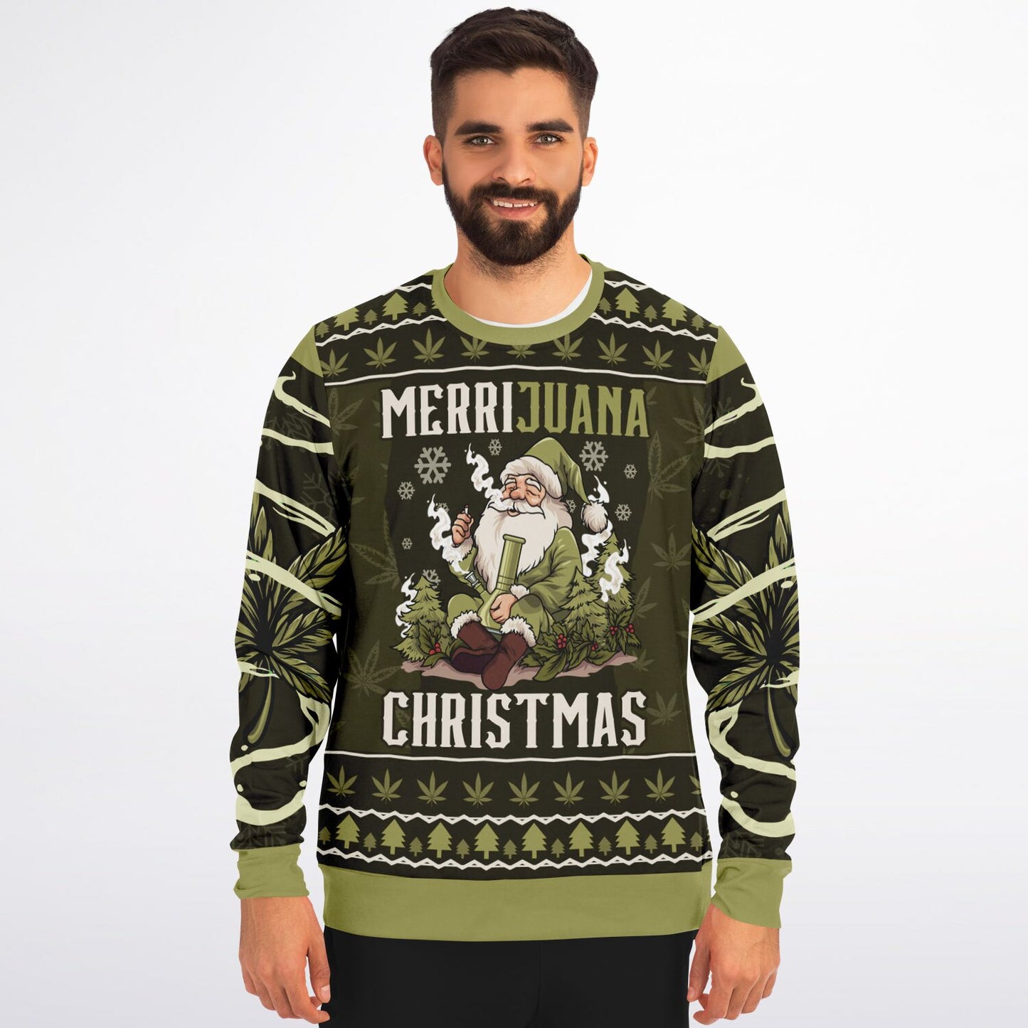 Funny Cannabis Christmas Sweatshirt – “Merrijuana” Weed Santa Jumper, Stoner Holiday Gift Idea