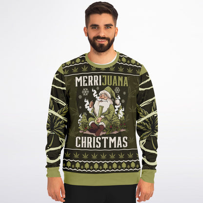 Funny Cannabis Christmas Sweatshirt – “Merrijuana” Weed Santa Jumper, Stoner Holiday Gift Idea