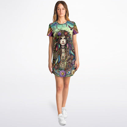 Spiritual Goddess Trinity Collection T-Shirt Dress – Vibrant All-Over Print (AOP) Featuring Unique Faces for Boho Chic Comfort