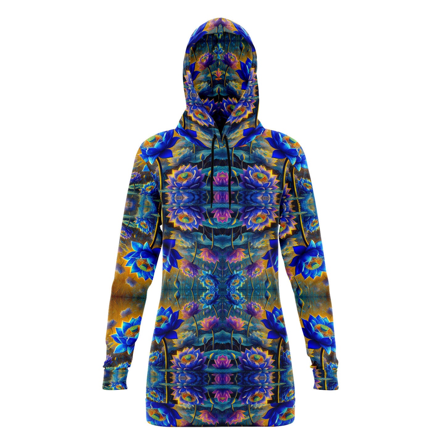 Blue Lotus Flower, Female, Longline Hoodie – Boho-Inspired All-Over Print Hoodie for Streetwear, Loungewear, Everyday Comfort (AOP)