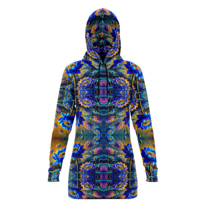 Blue Lotus Flower, Female, Longline Hoodie – Boho-Inspired All-Over Print Hoodie for Streetwear, Loungewear, Everyday Comfort (AOP)