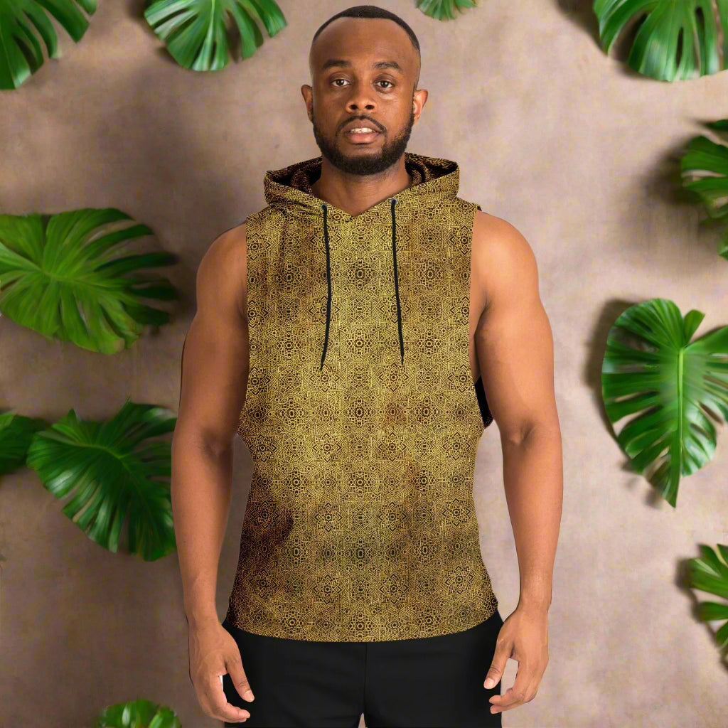 Geometric Gold Drop Armhole Hoodie – Unisex All-Over Print (AOP) | Bold Streetwear Hoodie | Fleece-Lined for Comfort & Style