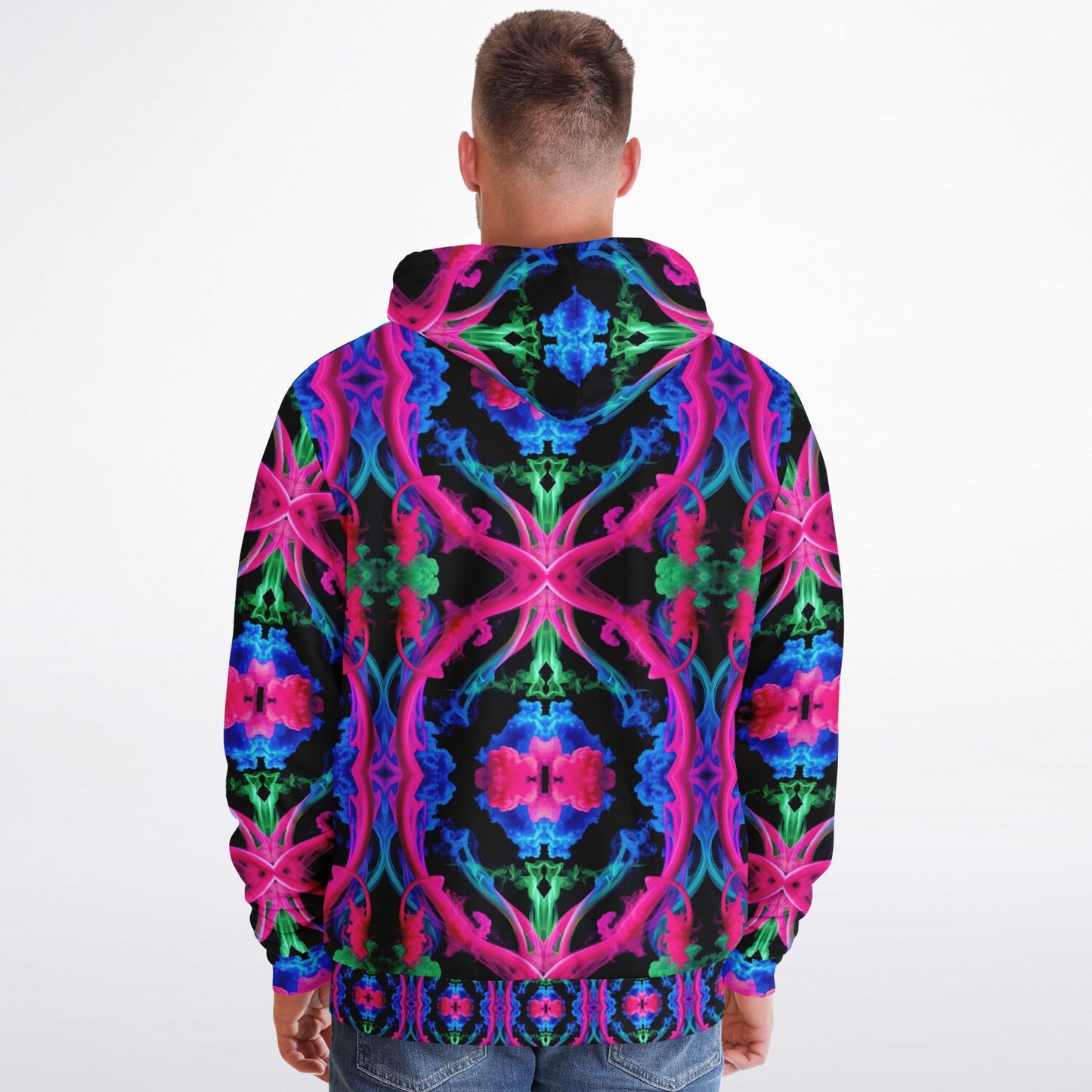 Neon Spectrum Cymatic Microfleece Zip Hoodie – Vibrant, Cozy & Bold All-Over Print Jacket