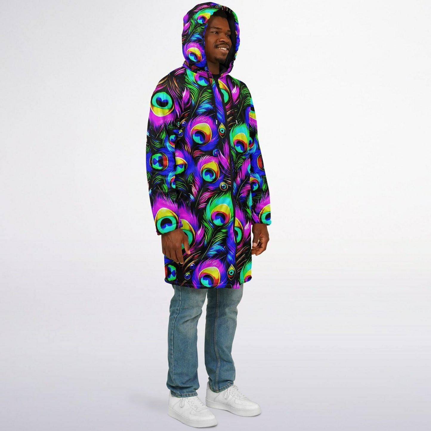 Psychedelic Peacock Print Zipper Cloak - Bold, Vibrant All-Over Design | Luxurious Comfort & Striking Style