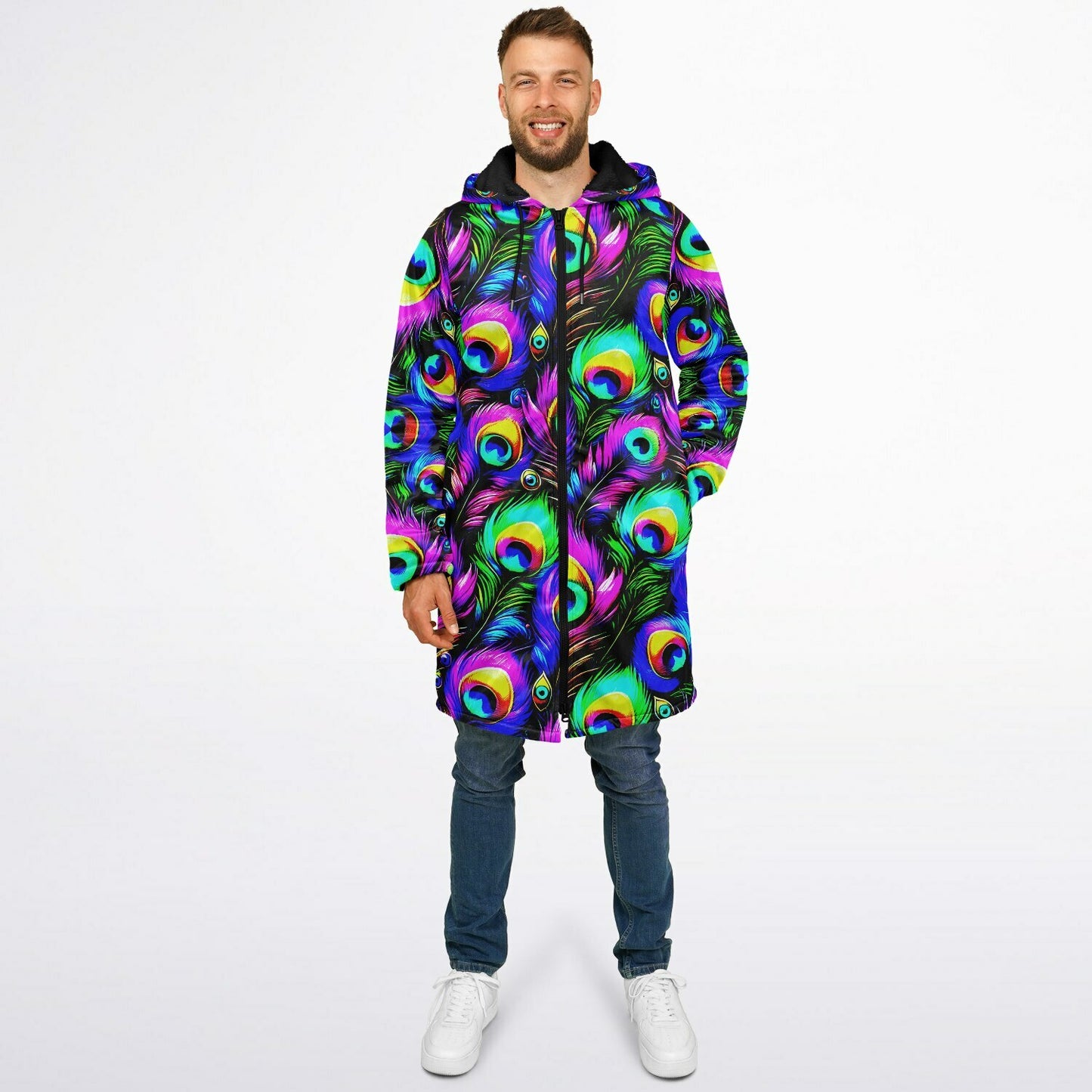 Psychedelic Peacock Print Zipper Cloak - Bold, Vibrant All-Over Design | Luxurious Comfort & Striking Style