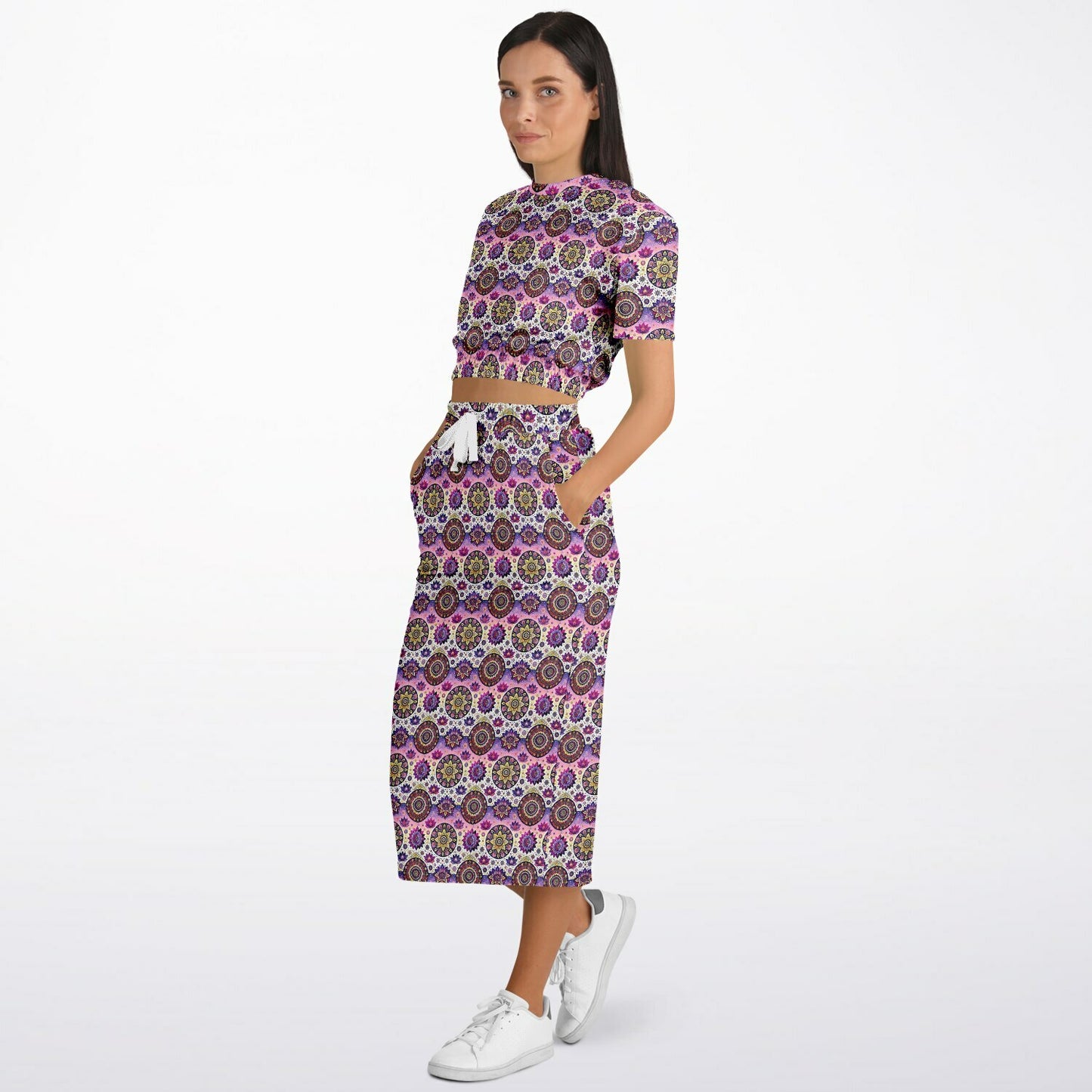 Geometric Pink Pattern Cropped Sweatshirt & Long Pocket Skirt Set – Bold Two-Piece Co-ord for Streetwear & Loungewear (AOP)