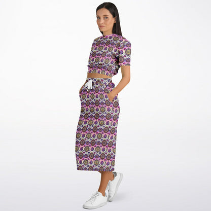 Geometric Pink Pattern Cropped Sweatshirt & Long Pocket Skirt Set – Bold Two-Piece Co-ord for Streetwear & Loungewear (AOP)