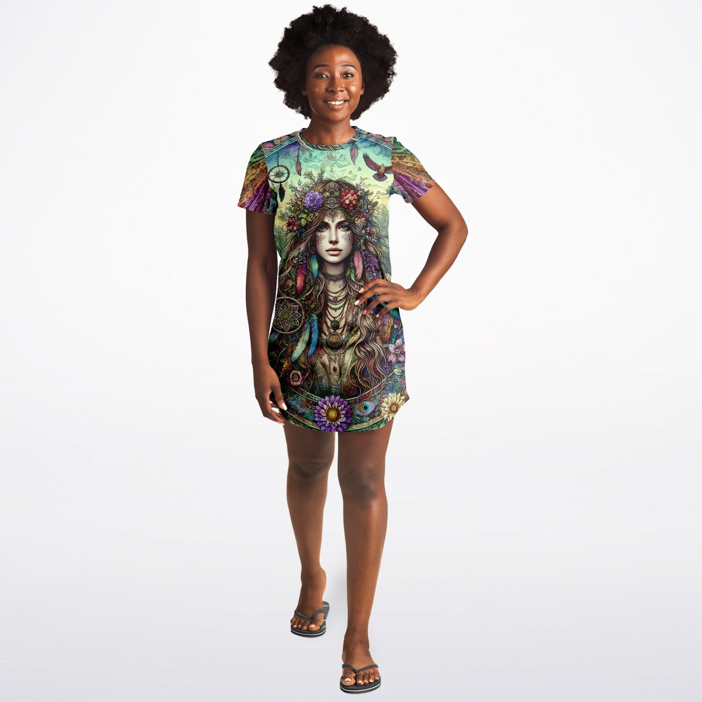 Spiritual Goddess Trinity Collection T-Shirt Dress – Vibrant All-Over Print (AOP) Featuring Unique Faces for Boho Chic Comfort
