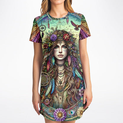 Spiritual Goddess Trinity Collection T-Shirt Dress – Vibrant All-Over Print (AOP) Featuring Unique Faces for Boho Chic Comfort