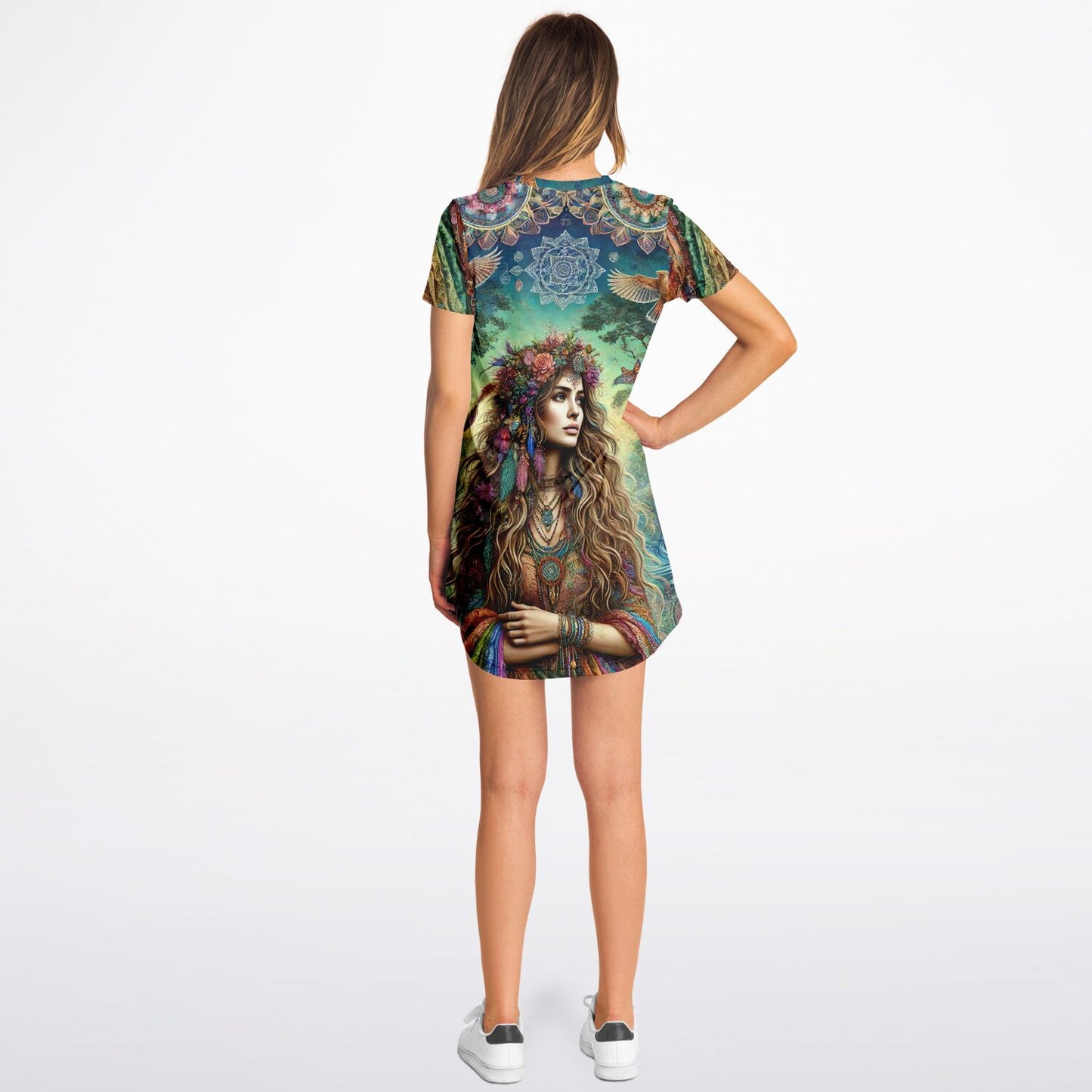 Spiritual Goddess Trinity Collection T-Shirt Dress – Vibrant All-Over Print (AOP) Featuring Unique Faces for Boho Chic Comfort