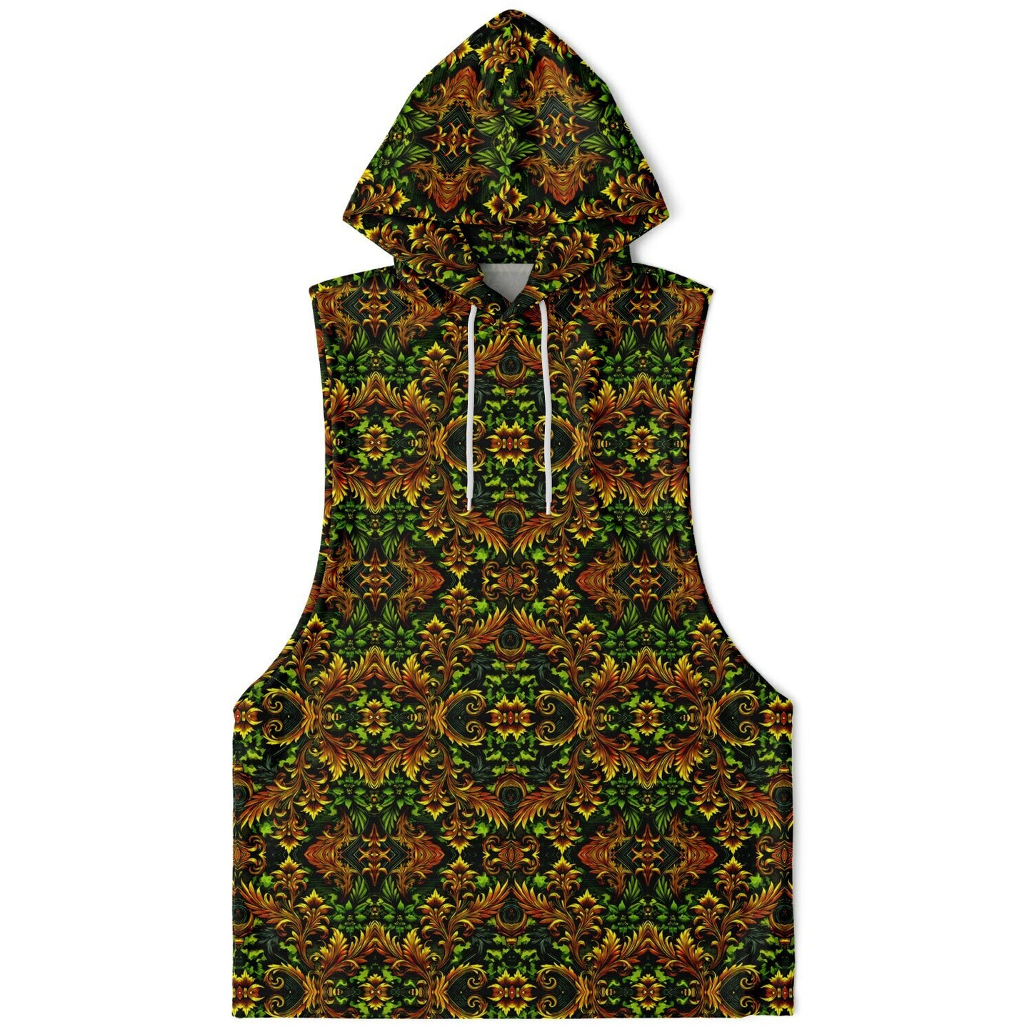 Emerald Green & Gold Athletic Drop Armhole Hoodie – All-Over Print, Lightweight & Breathable Activewear