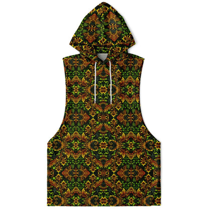 Emerald Green & Gold Athletic Drop Armhole Hoodie – All-Over Print, Lightweight & Breathable Activewear